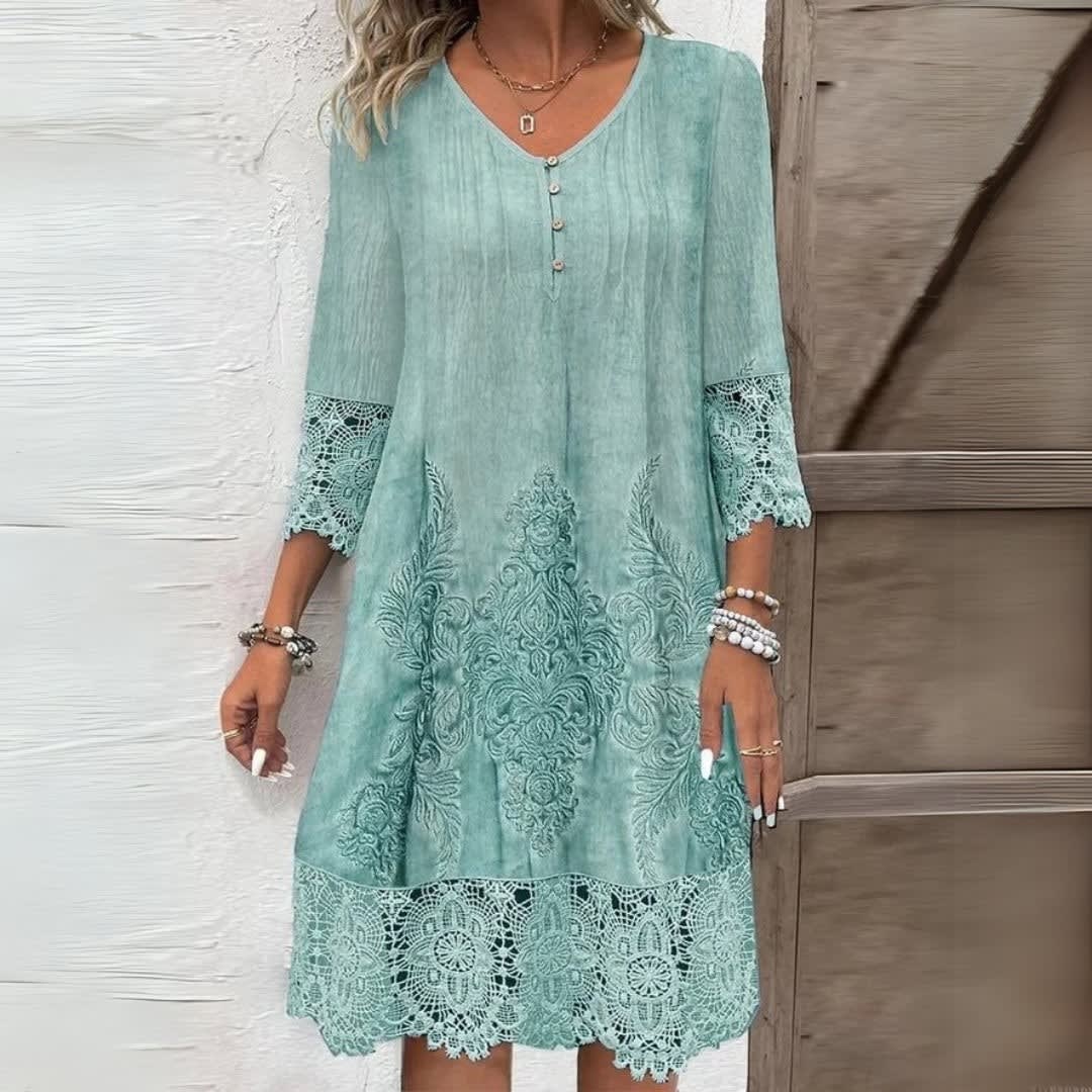Vida Embroidered V-Neck Midi Dress with Lace Trim_2