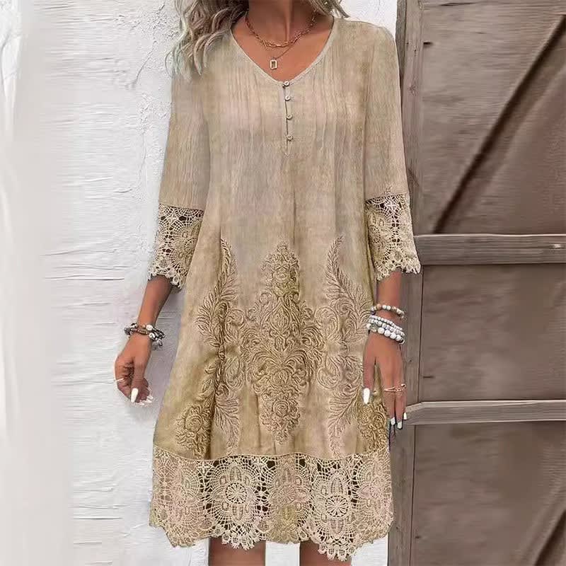 Vida Embroidered V-Neck Midi Dress with Lace Trim