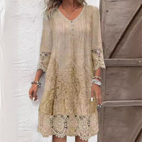 Vida Embroidered V-Neck Midi Dress with Lace Trim