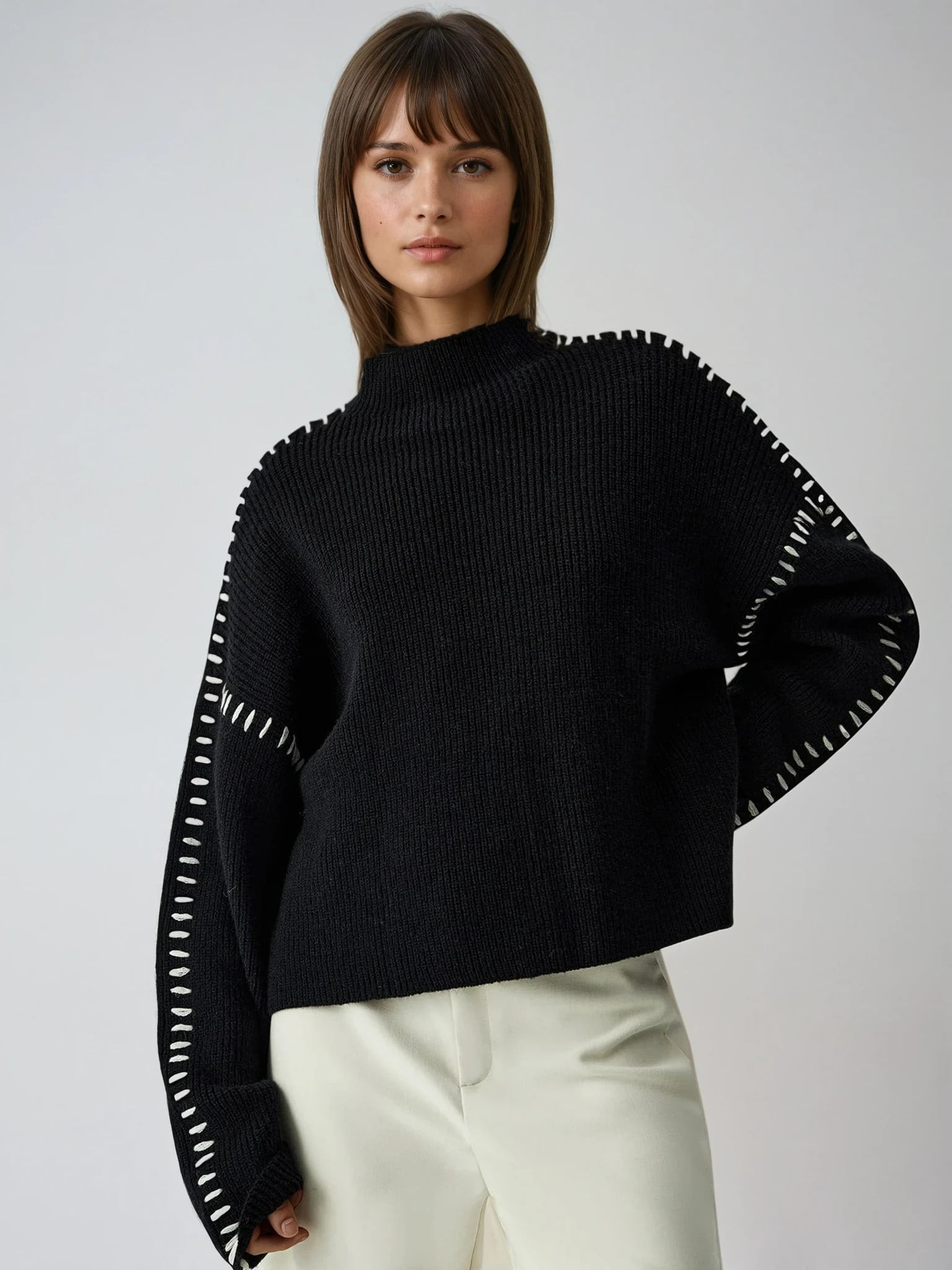 Jana Whipstitch Mock Neck Sweater