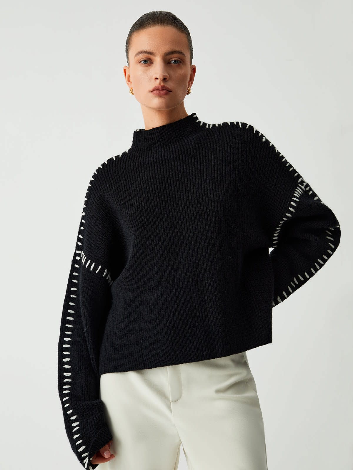 Jana Whipstitch Mock Neck Sweater