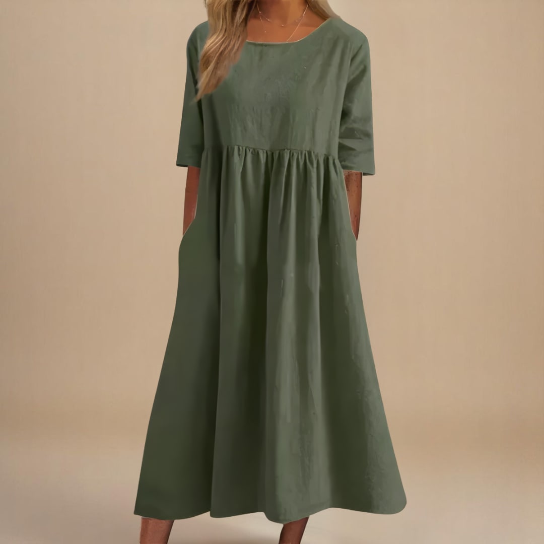 Nell Linen Gathered Waist A-Line Midi Dress_1