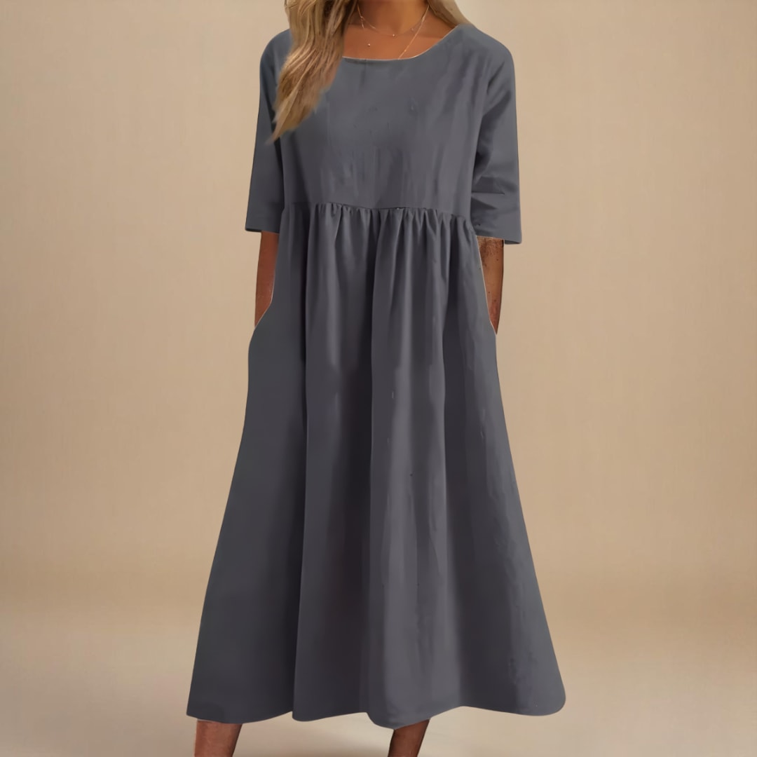 Nell Linen Gathered Waist A-Line Midi Dress