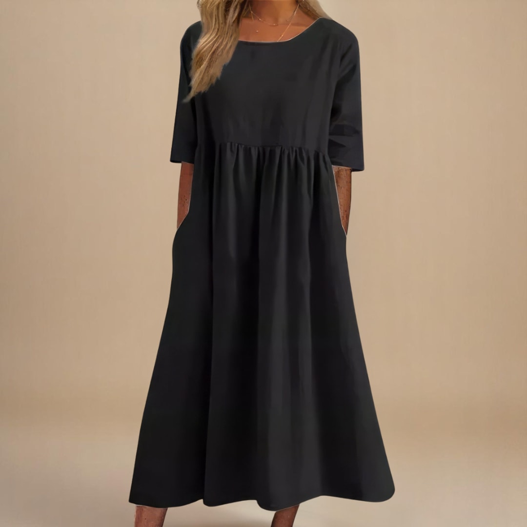 Nell Linen Gathered Waist A-Line Midi Dress_3