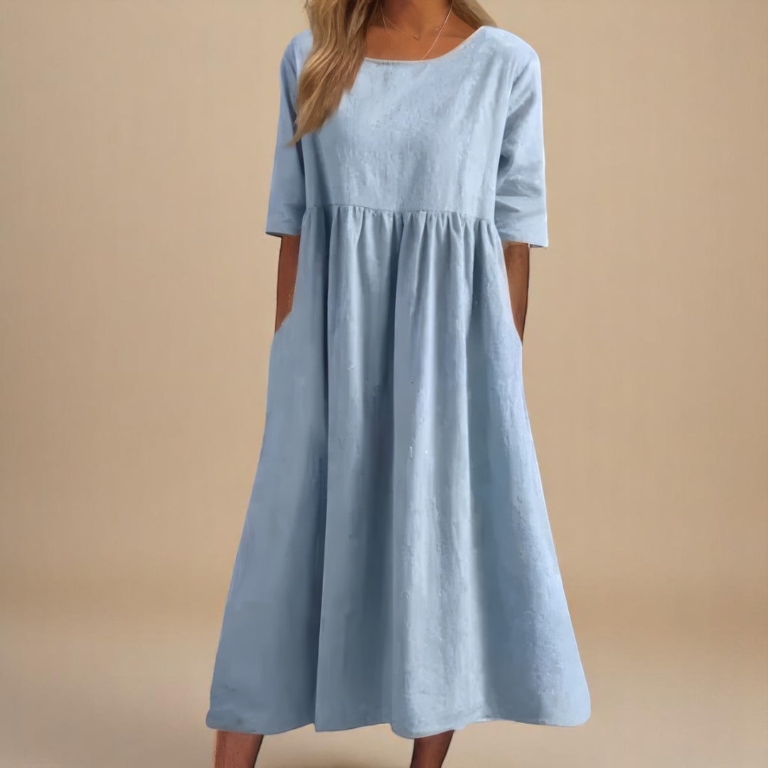 Nell Linen Gathered Waist A-Line Midi Dress_5