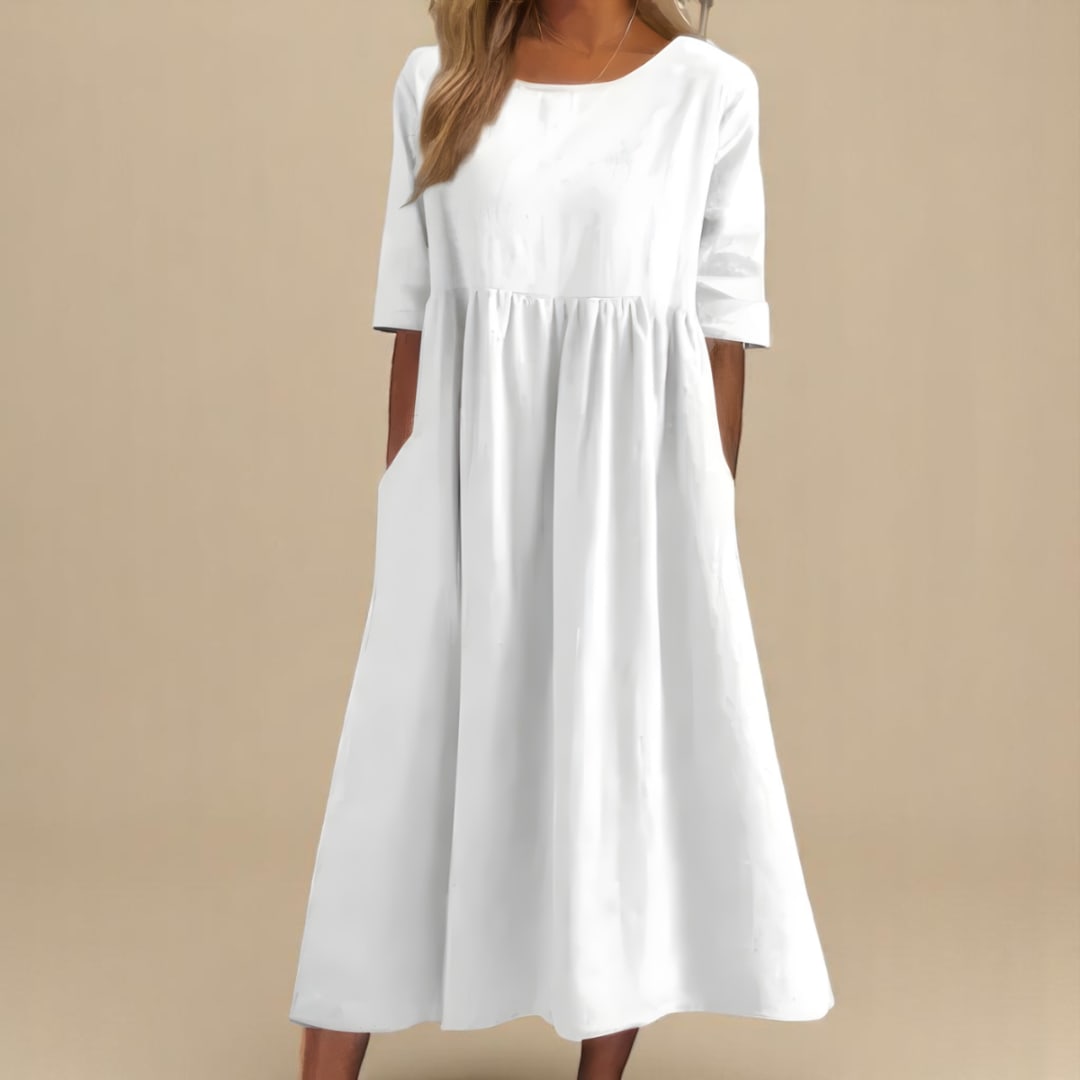 Nell Linen Gathered Waist A-Line Midi Dress_6