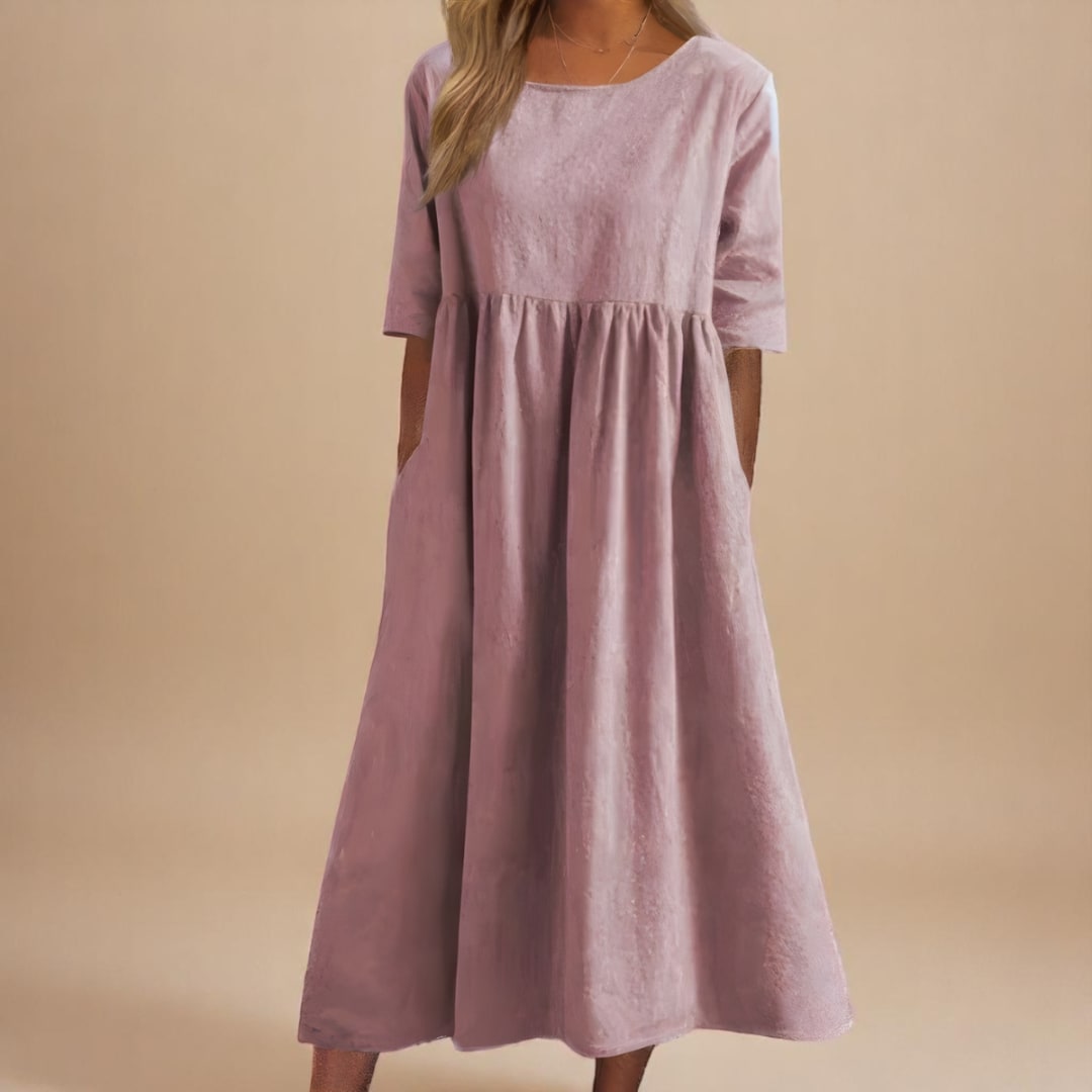 Nell Linen Gathered Waist A-Line Midi Dress_7
