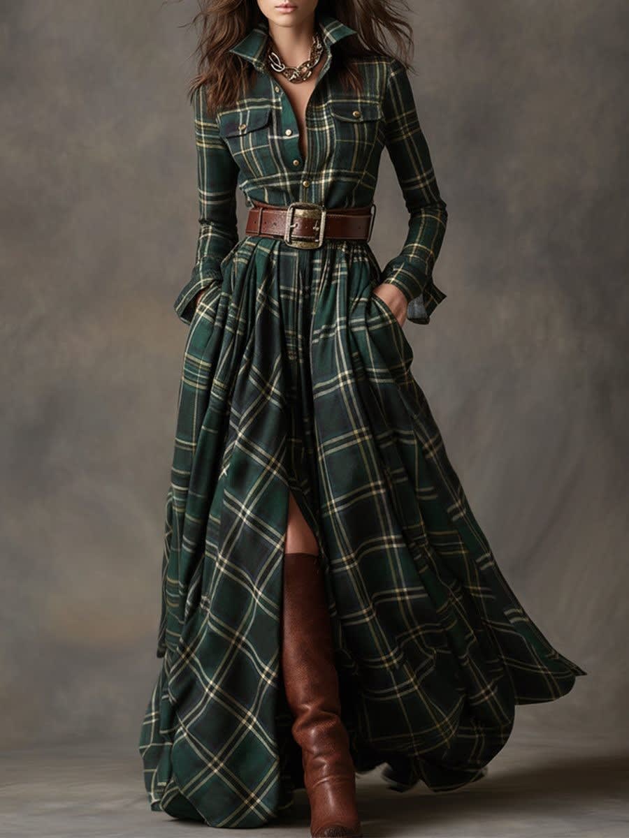 Ariah Plaid Maxi Shirt Dress with Belt