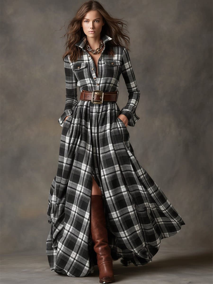 Ariah Plaid Maxi Shirt Dress with Belt_11