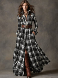 Ariah Plaid Maxi Shirt Dress with Belt