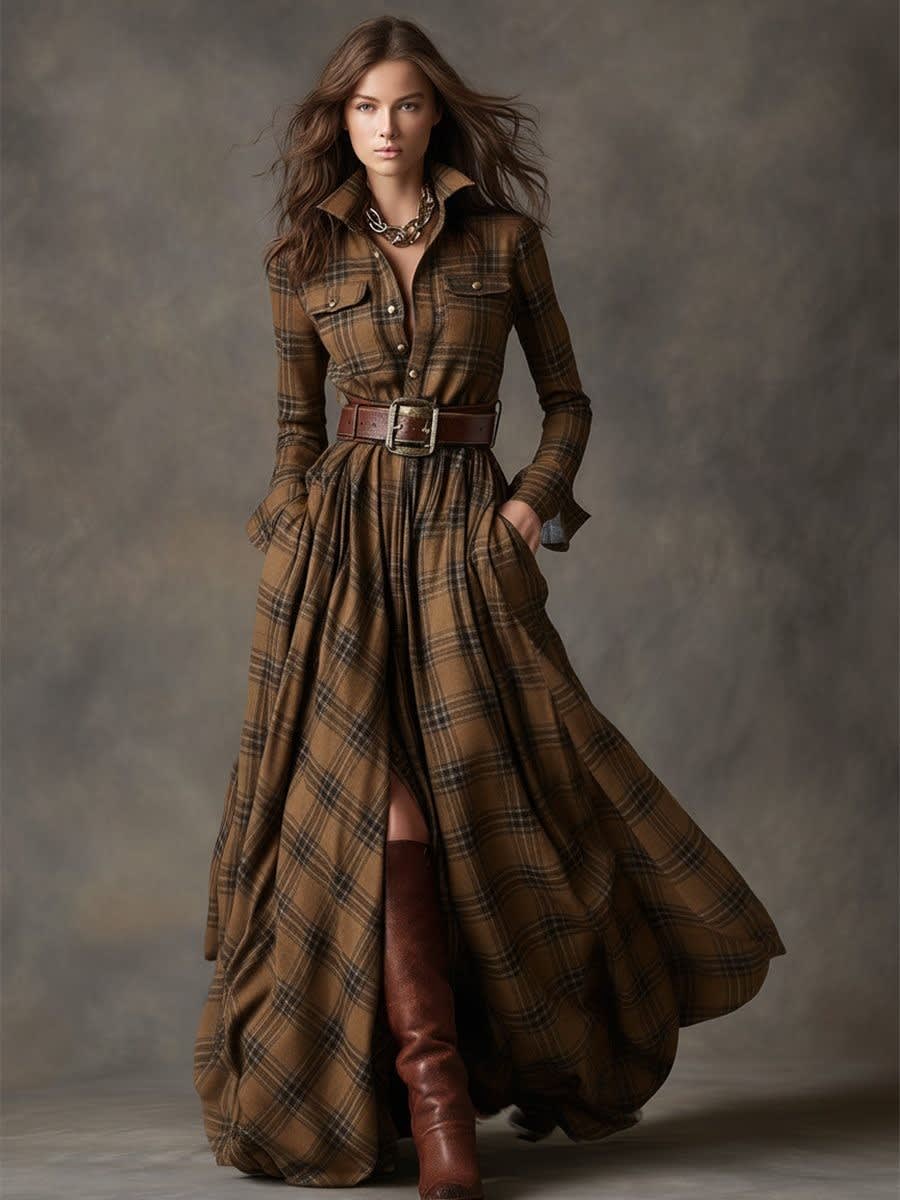Ariah Plaid Maxi Shirt Dress with Belt