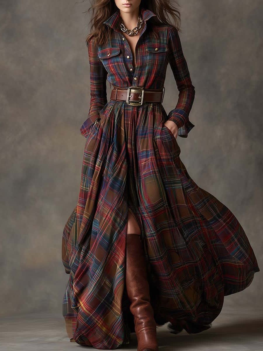 Ariah Plaid Maxi Shirt Dress with Belt
