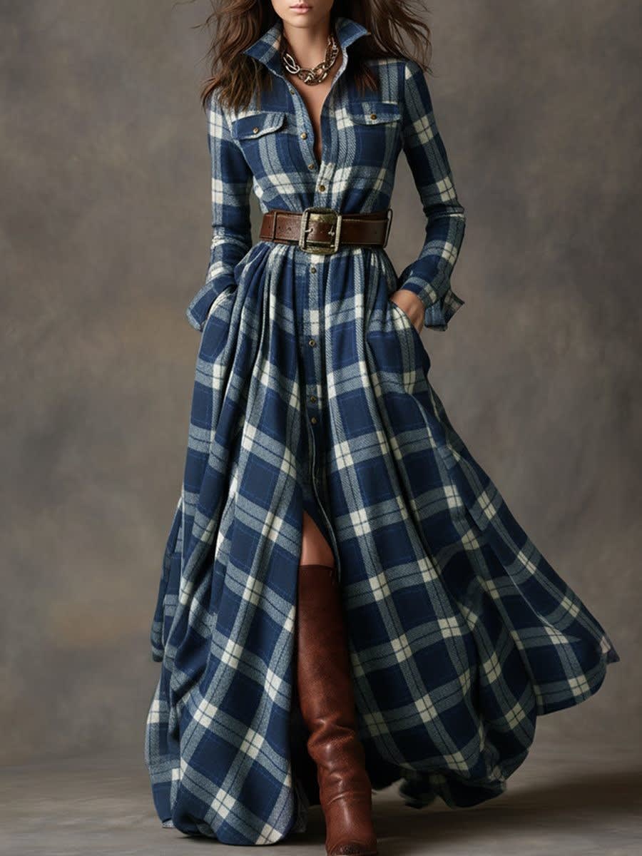 Ariah Plaid Maxi Shirt Dress with Belt