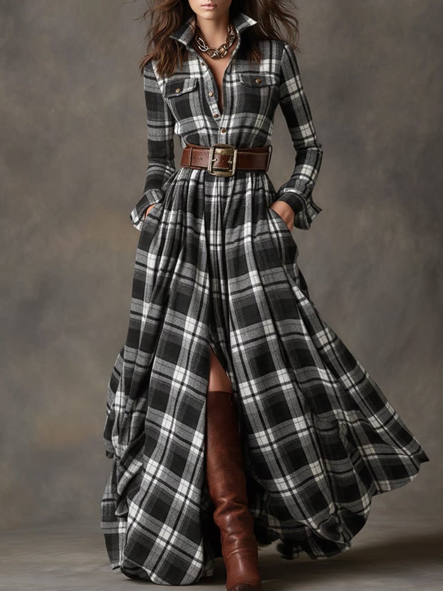 Ariah Plaid Maxi Shirt Dress with Belt