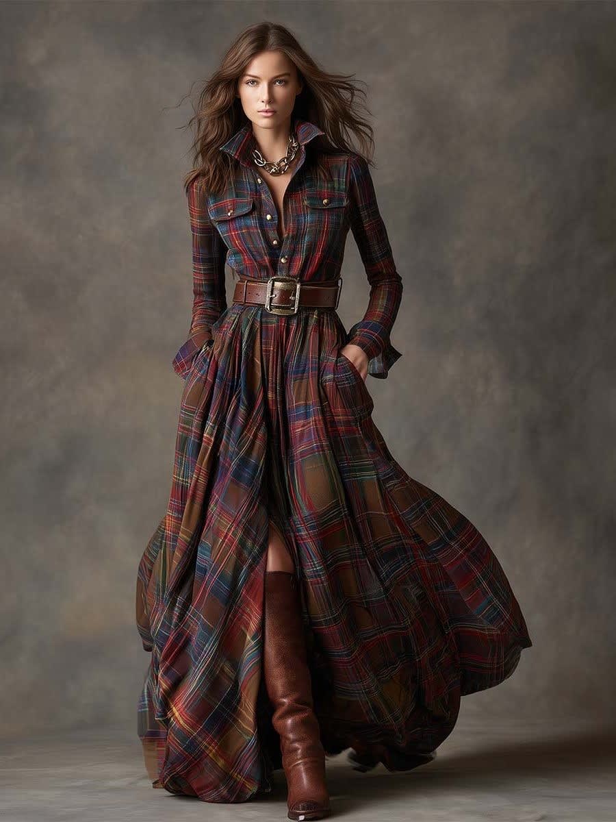 Ariah Plaid Maxi Shirt Dress with Belt