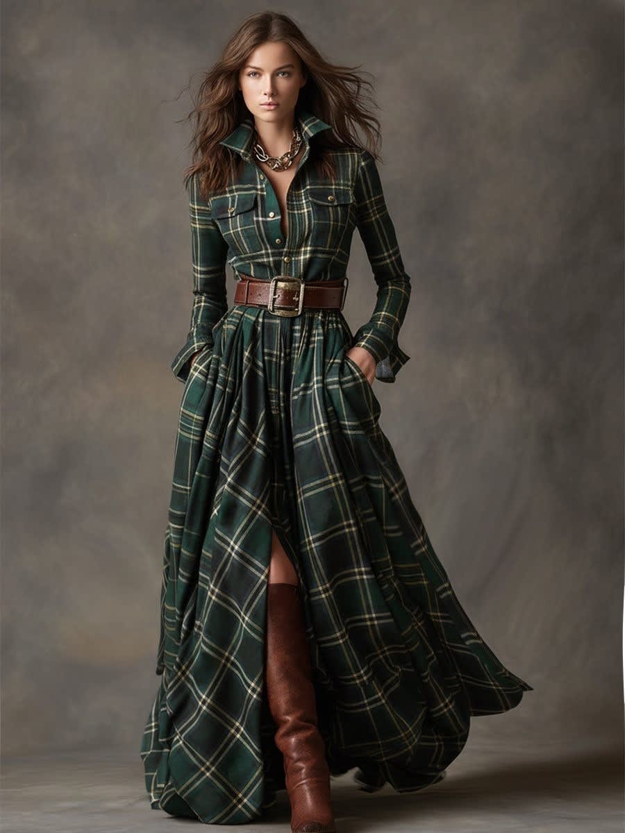 Ariah Plaid Maxi Shirt Dress with Belt_9