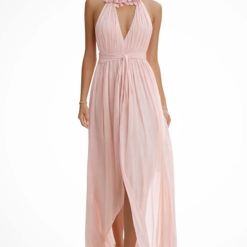 Leonie Pink Floral Halterneck Wedding Guest Maxi Dress
