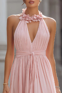 Leonie Pink Floral Halterneck Wedding Guest Maxi Dress