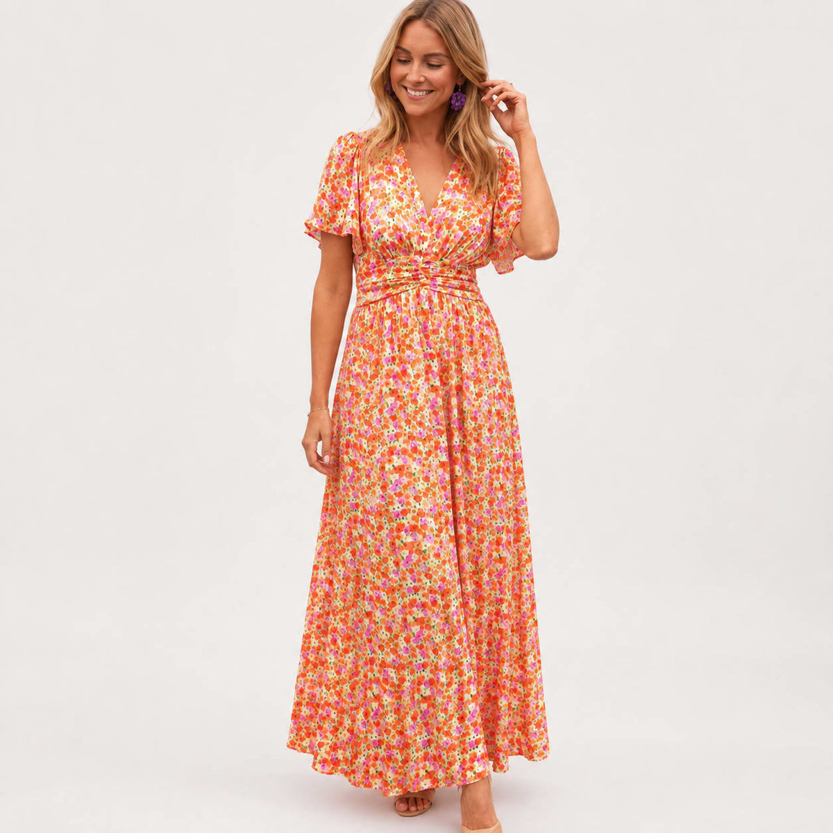 Janet Floral Flutter Sleeve Maxi Dress