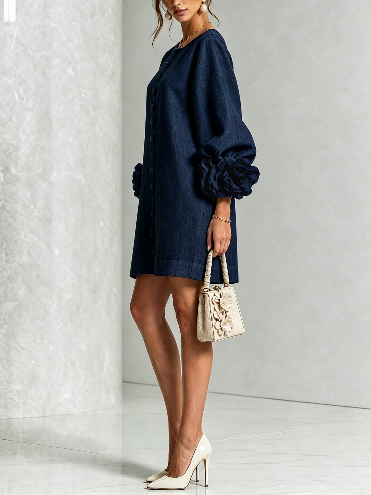Daniella Button Front Balloon Sleeve Mini Dress_12