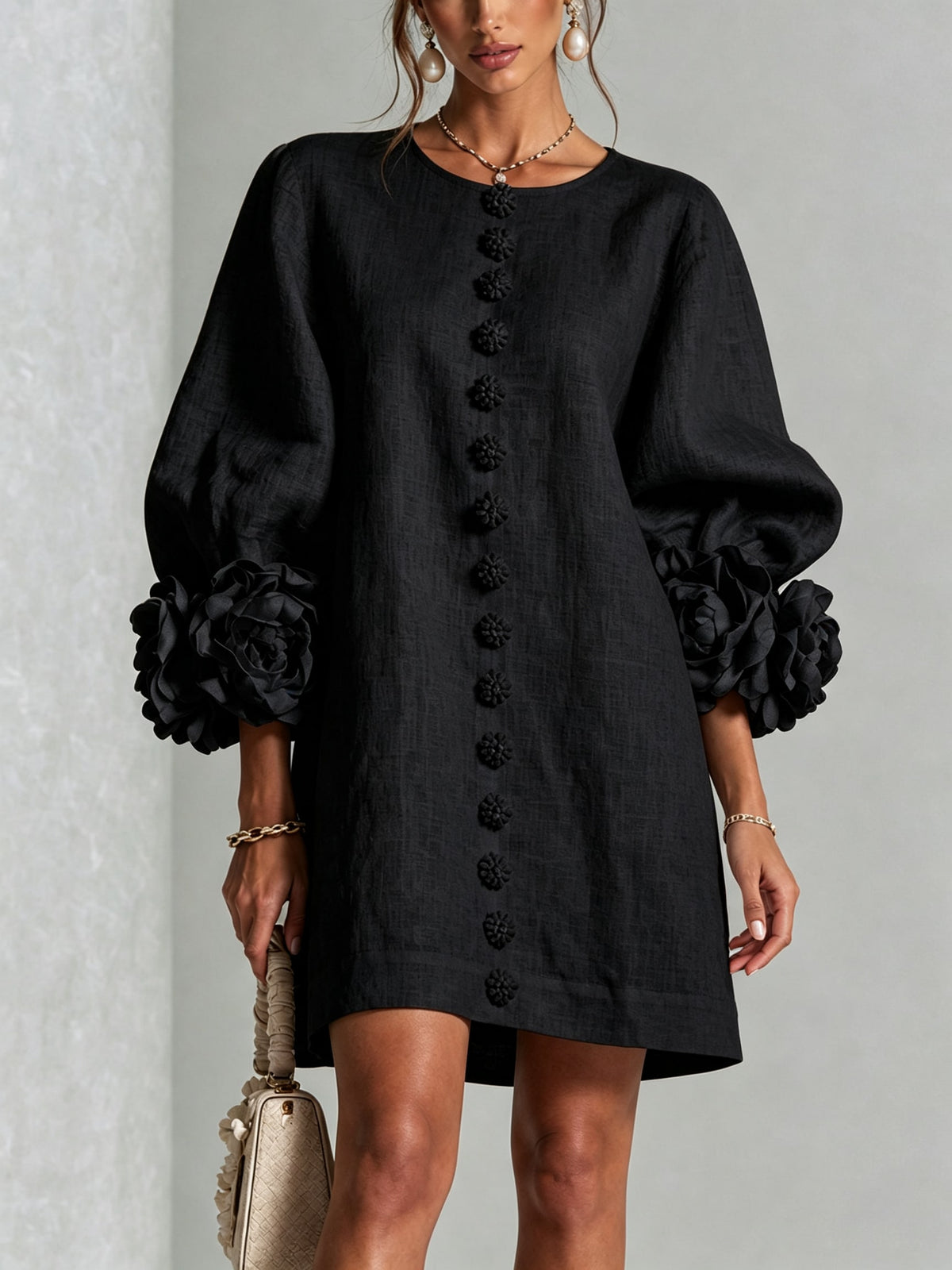 Daniella Button Front Balloon Sleeve Mini Dress_15