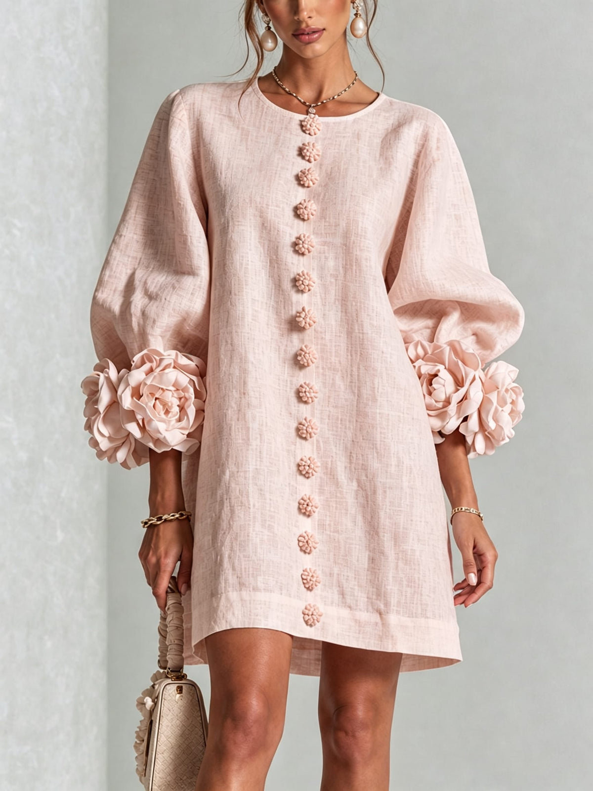 Daniella Button Front Balloon Sleeve Mini Dress_19