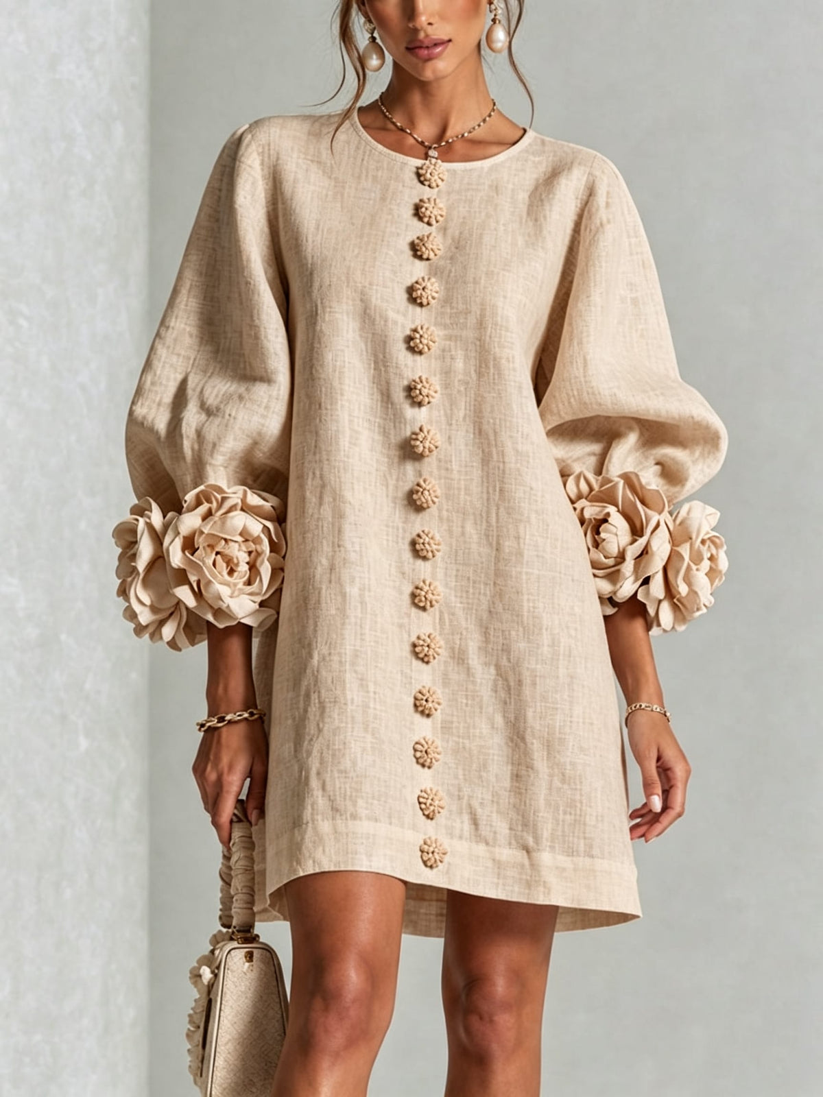 Daniella Button Front Balloon Sleeve Mini Dress_23