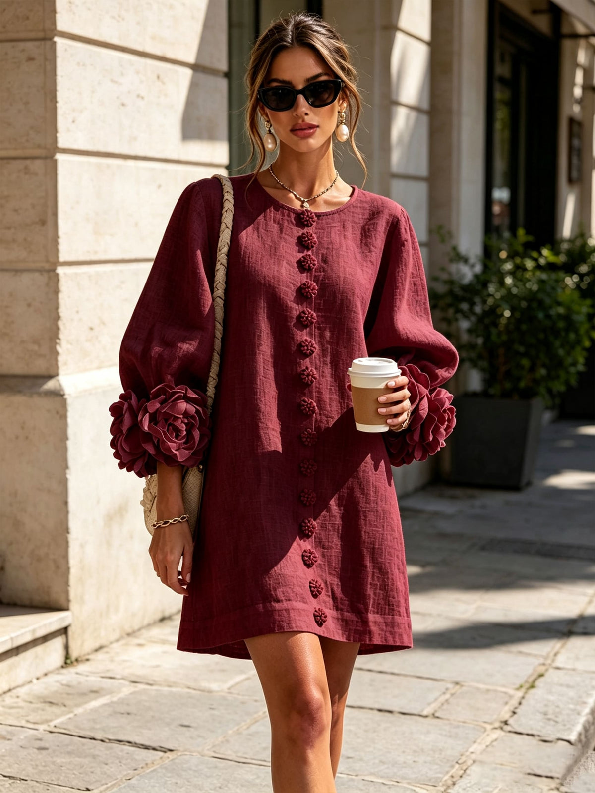 Daniella Button Front Balloon Sleeve Mini Dress