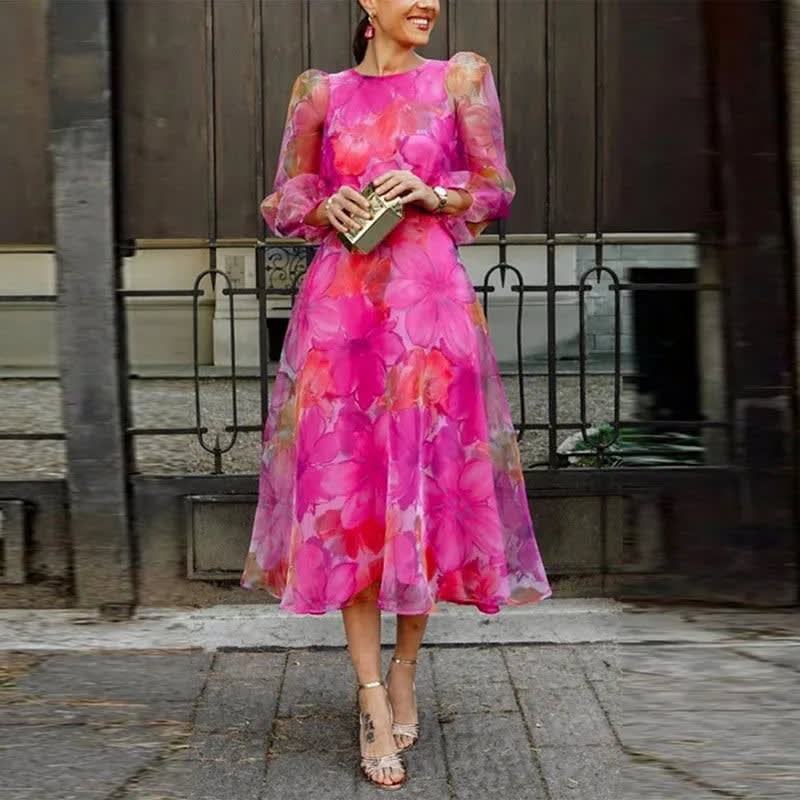 Lydia Floral Wedding Guest Puff Sleeve Midi Dress_1