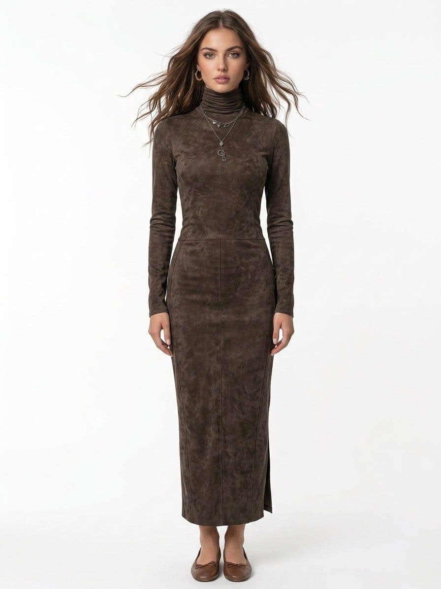 Joyce Faux Suede High Neck Midi Dress