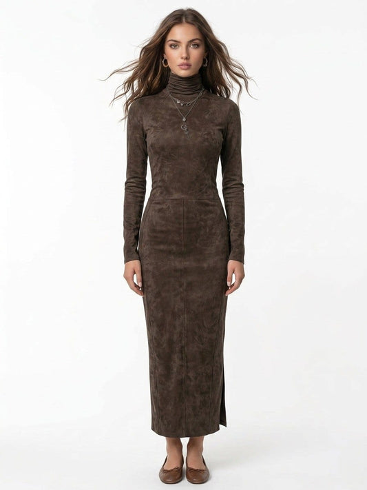 Joyce Faux Suede High Neck Midi Dress_1