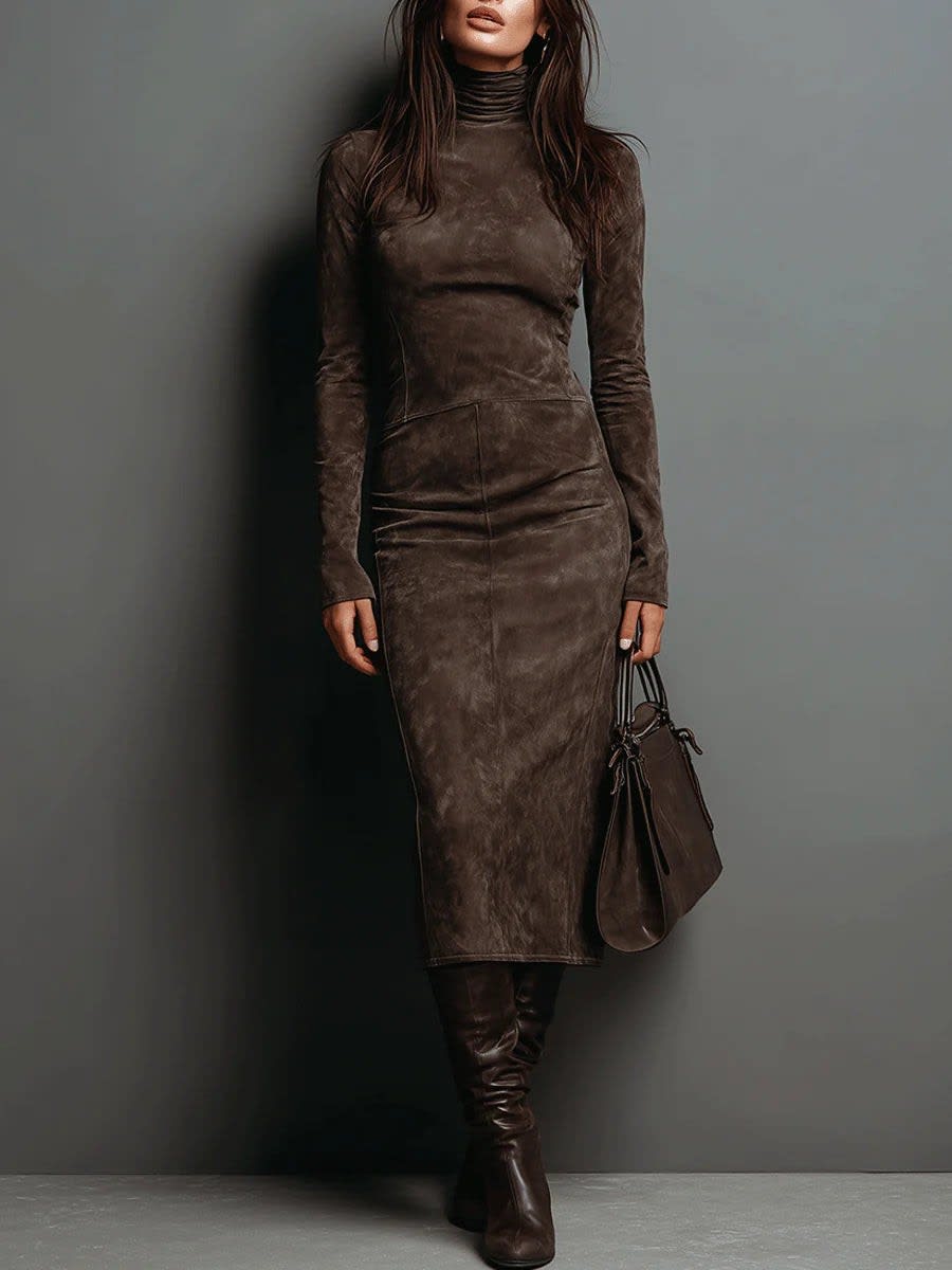 Joyce Faux Suede High Neck Midi Dress