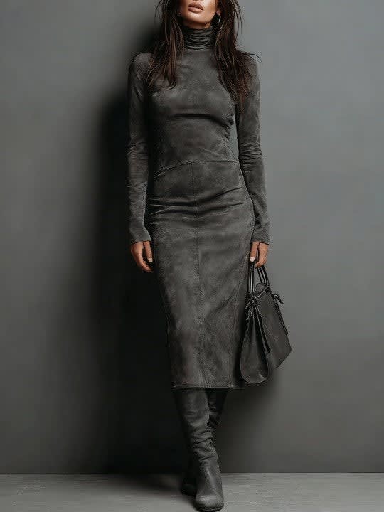 Joyce Faux Suede High Neck Midi Dress_4