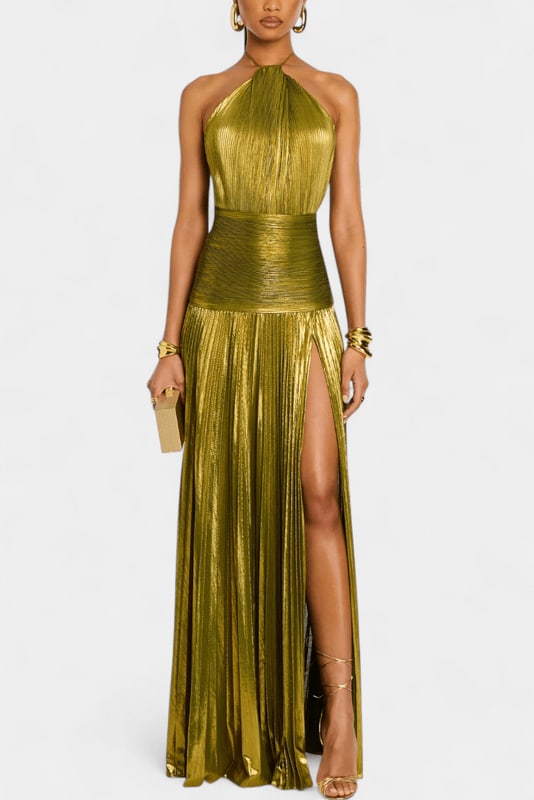 Savanna Metallic Halter Maxi Dress