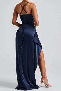 Lucinda Navy Ruched Wedding Guest Maxi Dress with High Slit