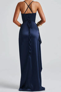 Lucinda Navy Ruched Wedding Guest Maxi Dress with High Slit