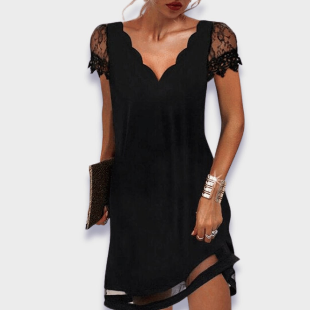Marlow Scalloped V-Neck Lace Sleeve Shift Dress_1