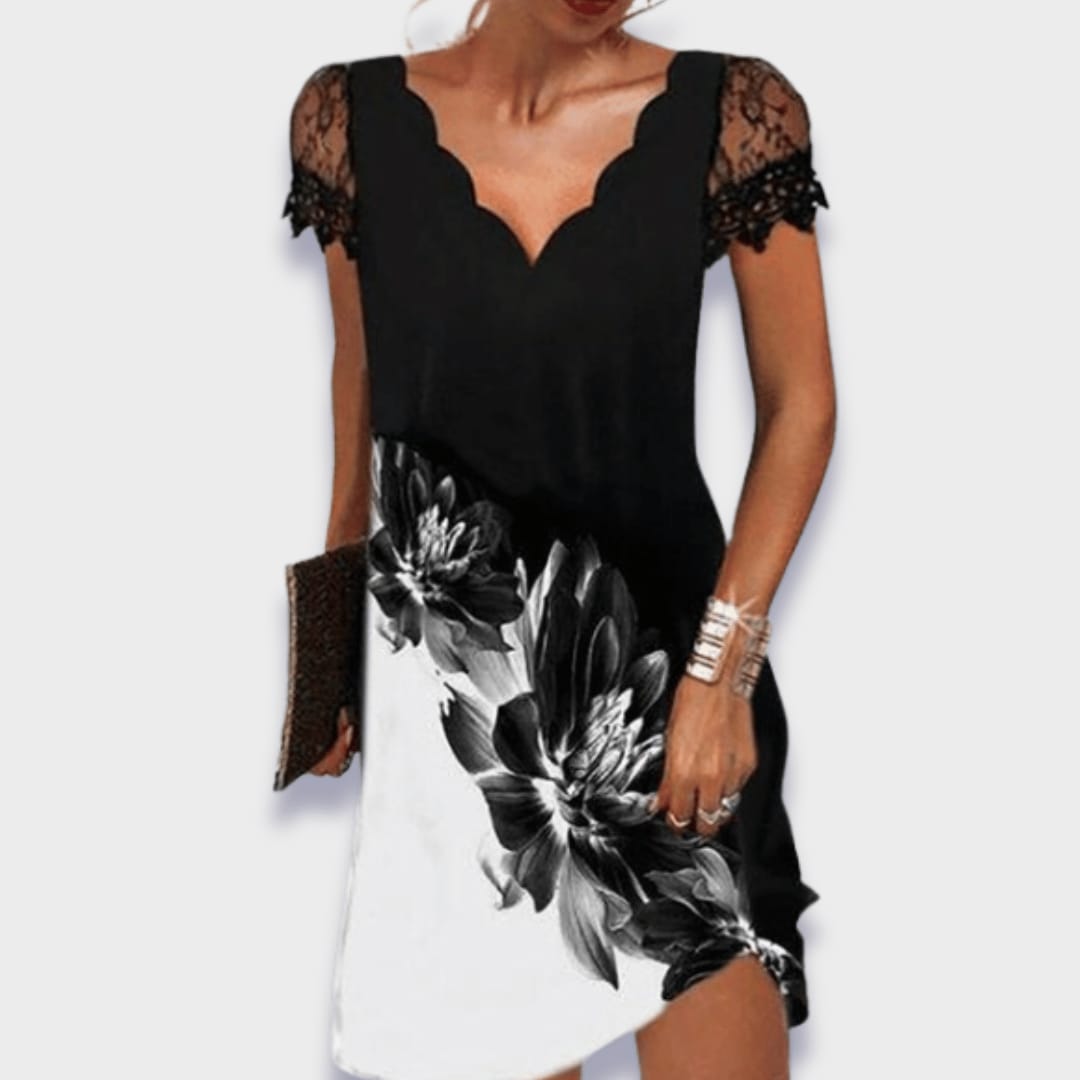 Marlow Scalloped V-Neck Lace Sleeve Shift Dress