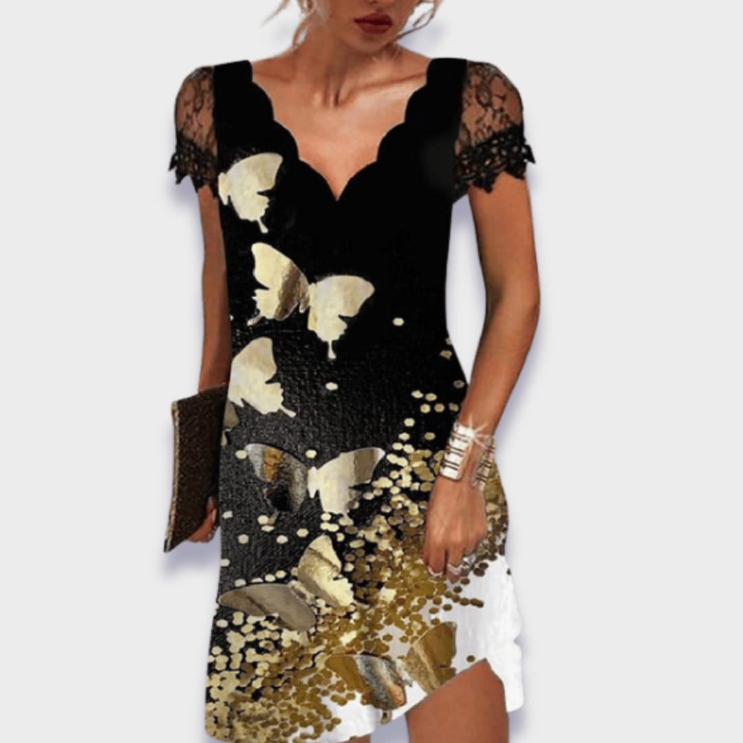 Marlow Scalloped V-Neck Lace Sleeve Shift Dress