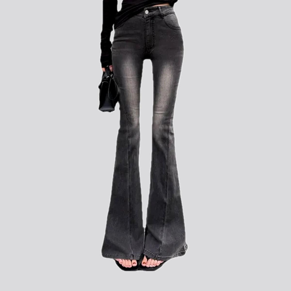 Helena High Waisted Washed Black Flared Jeans_1