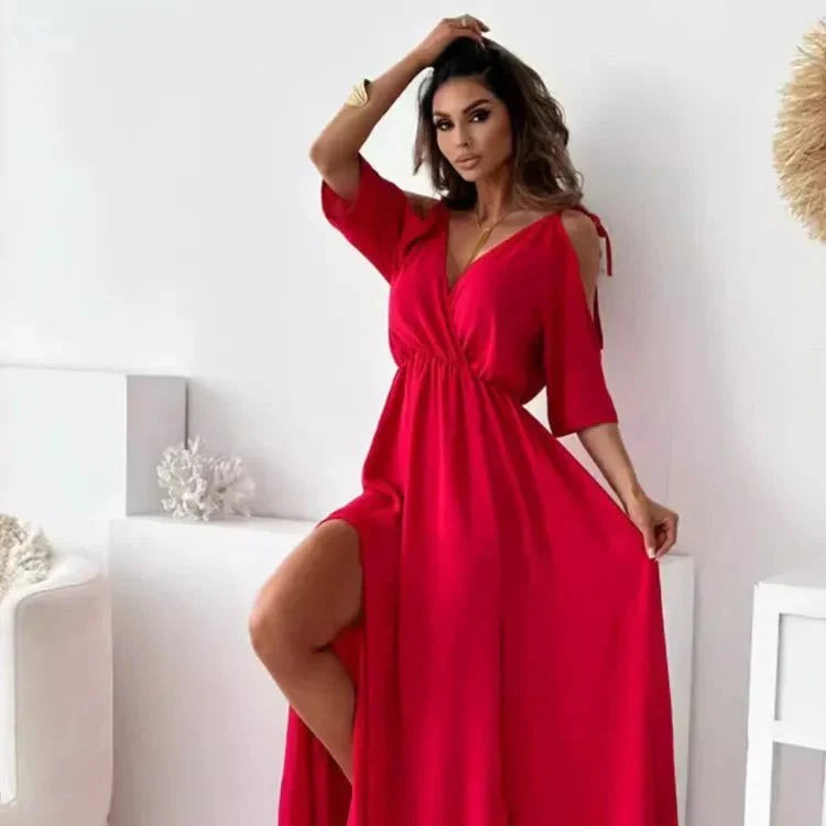 Roxanne Cold Shoulder V-Neck Wrap Maxi Dress