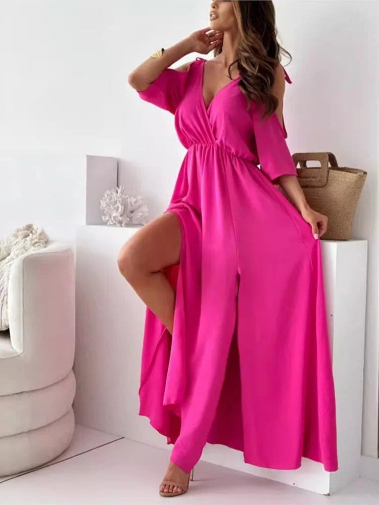 Roxanne Cold Shoulder V-Neck Wrap Maxi Dress_7