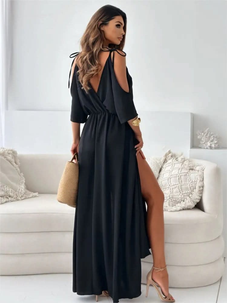 Roxanne Cold Shoulder V-Neck Wrap Maxi Dress_8