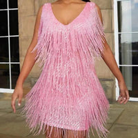 Madeleine Sequin Fringe V-Neck Party Mini Dress