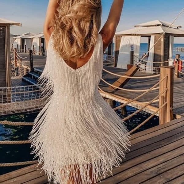Madeleine Sequin Fringe V-Neck Party Mini Dress