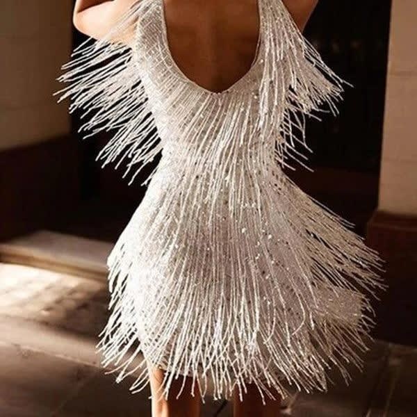 Madeleine Sequin Fringe V-Neck Party Mini Dress