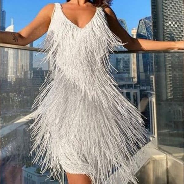 Madeleine Sequin Fringe V-Neck Party Mini Dress