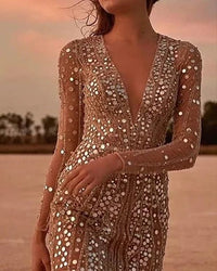 Natasha Long Sleeve Sequin V-Neck Party Mini Dress