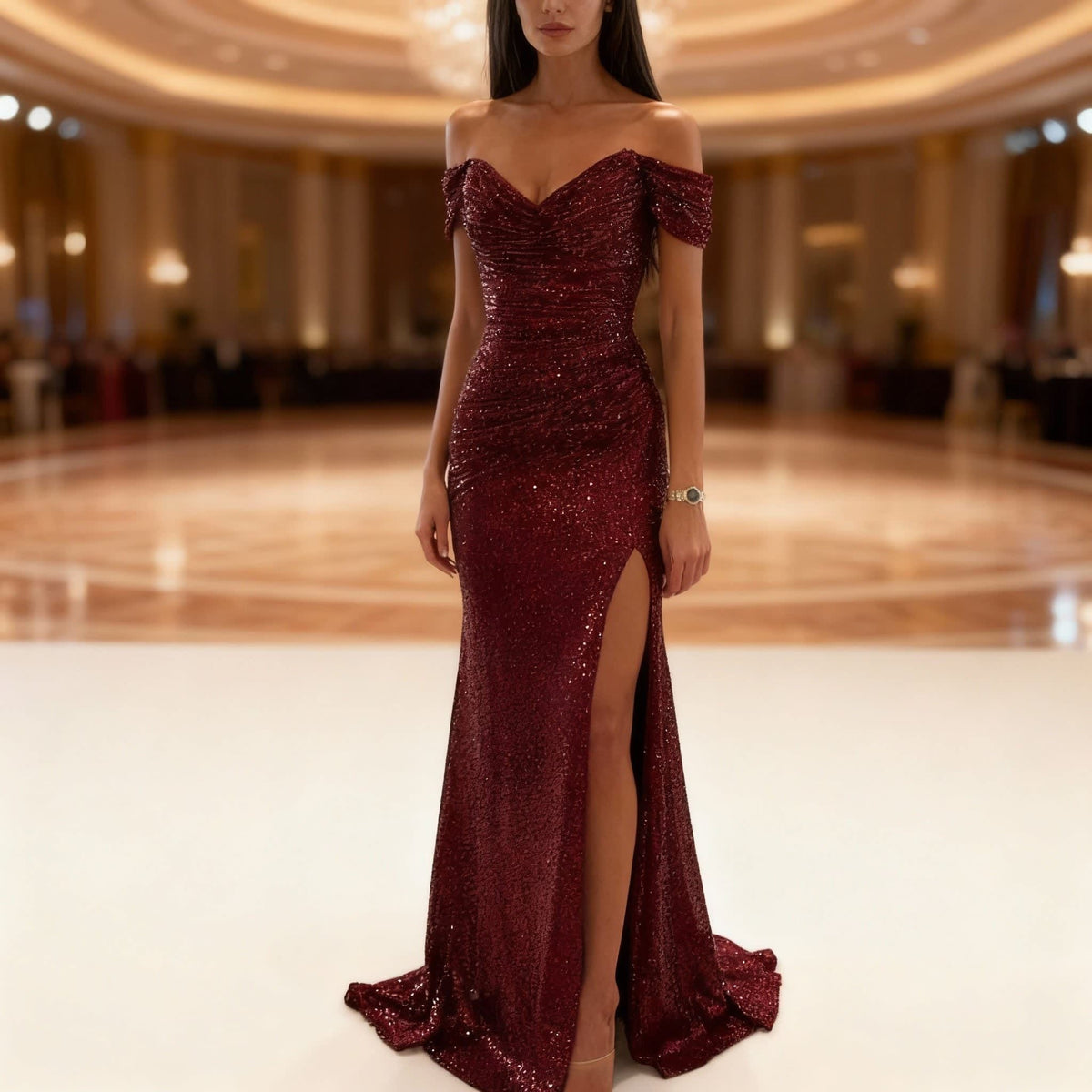 Sierra Sequin Off Shoulder Evening Maxi Dress_1