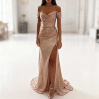Sierra Sequin Off Shoulder Evening Maxi Dress
